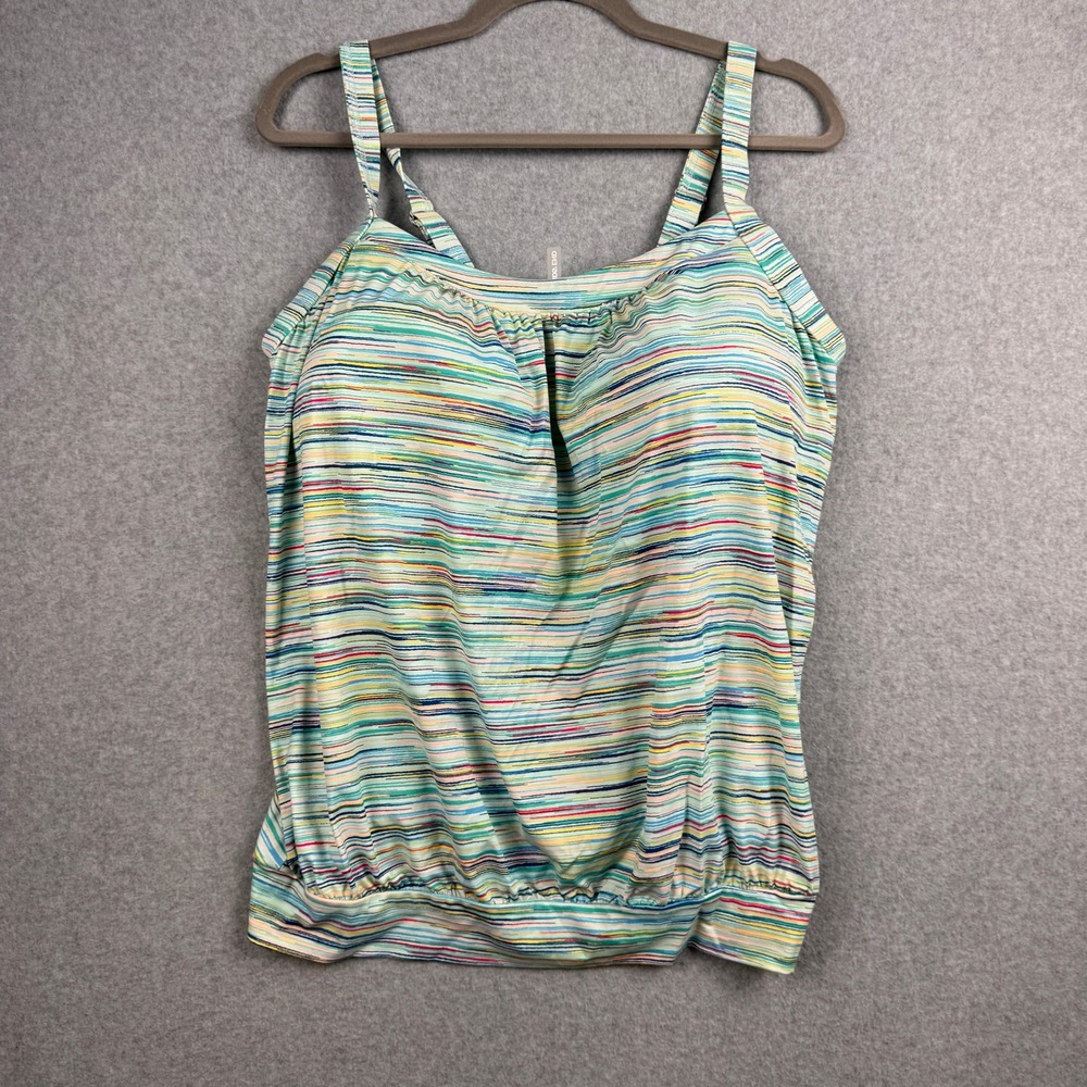 Lands End Tankini Top Womens 14 DDD Teal Striped Blouson Shelf Bra Swimsuit